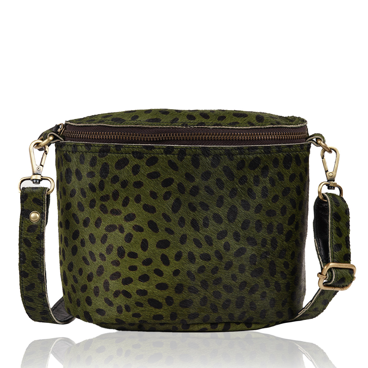 Panashe hair-on leather crossbody bag in Olive Green spot print