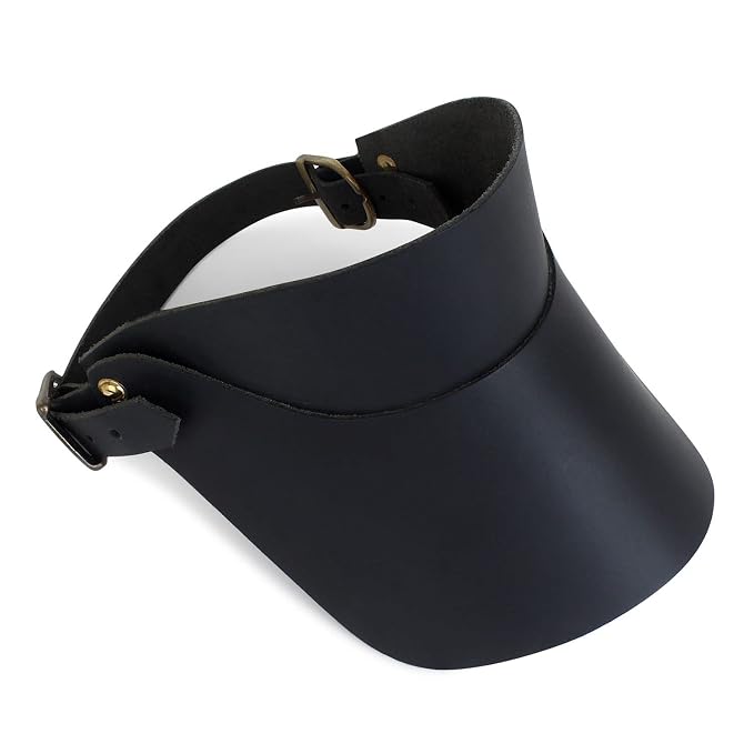 Panashe genuine leather sun visor in Black with adjustable antique-brass buckle strap